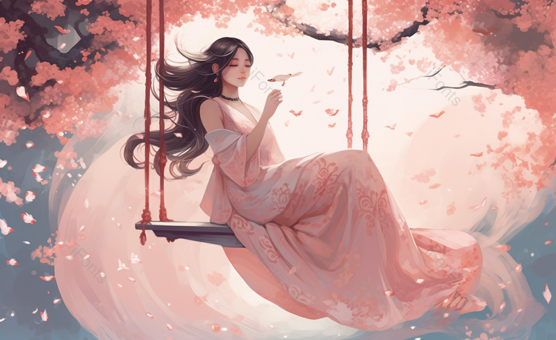 樱花下的坐秋千的手绘人物小清新孕妇原创插画海报素材,插画/手绘图,插画/手绘图库,插画/手绘图下载,插画/手绘